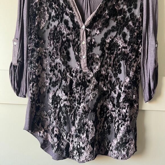 Anthropologie Tiny Blouse Women Medium Purple Black Velvet Burnout Silk Flaw - Picture 4 of 16